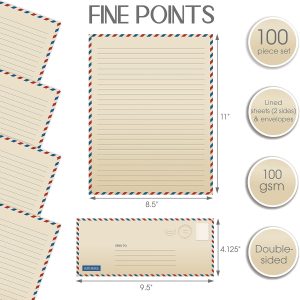 Better Office Products Vintage Airmail Stationery Paper Set, 100-Piece Set (50 Lined Sheets + 50 Matching Envelopes), Letter Size 8.5 x 11 inch, Double Sided & Lined Paper,