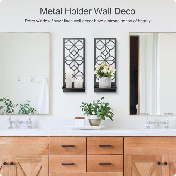 Black Metal Wall Decor, Minimalist Retro Wall Art, Wall Candle Holder, Farmhouse Rustic Bathroom Wall Art, Aesthetics Wall Hanging for Living Room Bedroom Bathroom (2 Pack, 16.5 x 7 in) - Image 3