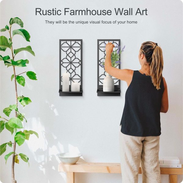 Black Metal Wall Decor, Minimalist Retro Wall Art, Wall Candle Holder, Farmhouse Rustic Bathroom Wall Art, Aesthetics Wall Hanging for Living Room Bedroom Bathroom (2 Pack, 16.5 x 7 in) - Image 5