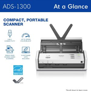 Brother ADS-1300 Compact Desktop Scanner | Scan Speeds of Up to 30ppm | Single Pass Double-Sided Scanning