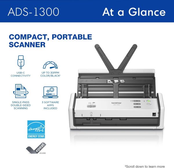 Brother ADS-1300 Compact Desktop Scanner | Scan Speeds of Up to 30ppm | Single Pass Double-Sided Scanning - Image 2