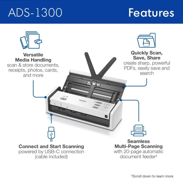 Brother ADS-1300 Compact Desktop Scanner | Scan Speeds of Up to 30ppm | Single Pass Double-Sided Scanning - Image 3