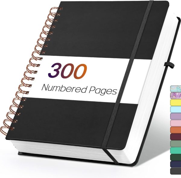 Forvencer Lined Spiral Journal Notebook with 300 Numbered Pages, B5 College Ruled Thick Journals for Writing with 100GSM Paper, Hardcover Notebooks with Contents for Work, School, Women, Men, Black