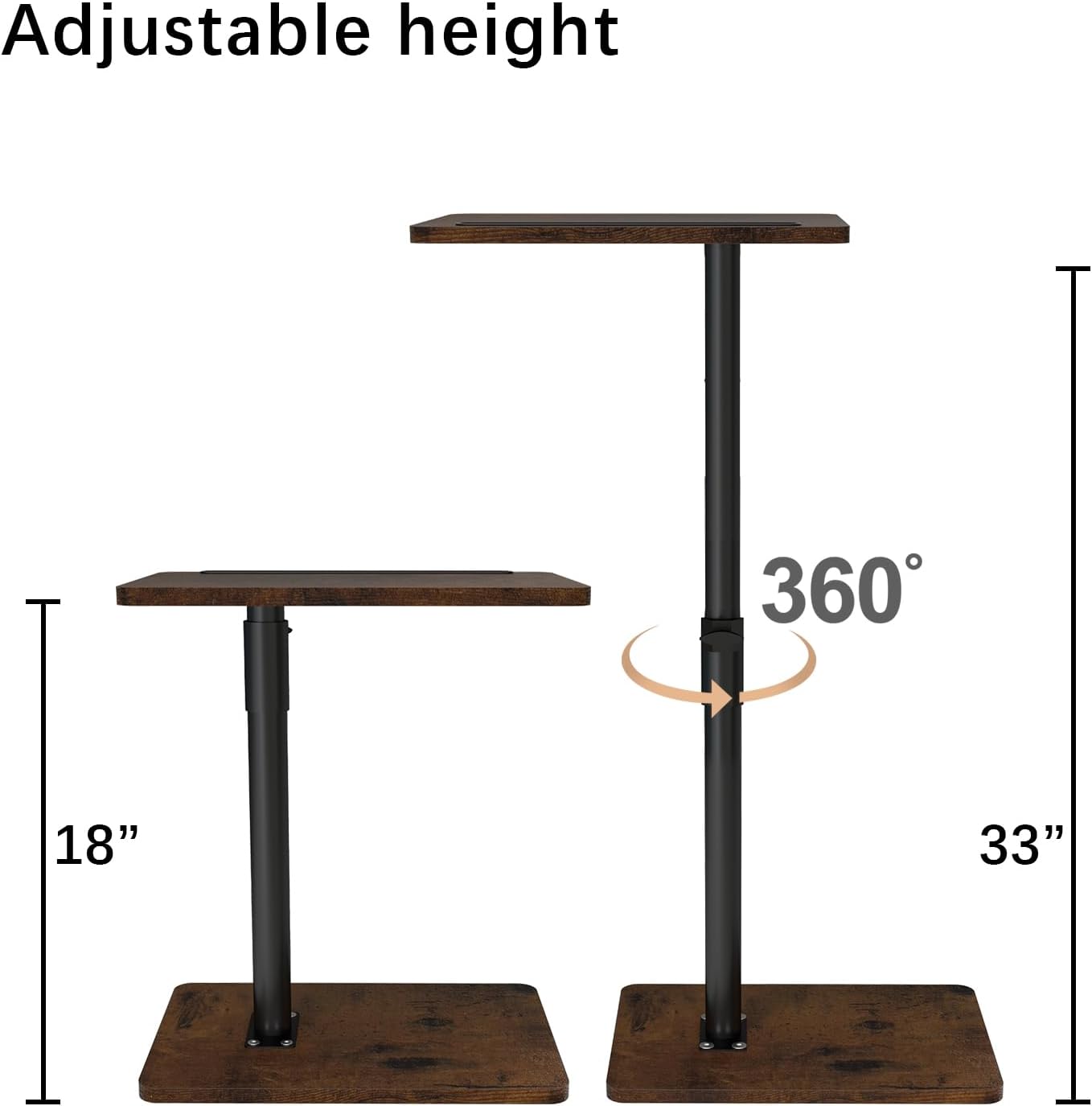 Sofa Armrest Tray Table for Couch – 360° Swivel Height Adjustable End for Small Spaces, Snack Side Table for Bed or Chair with Phone & Tablet Slot (Rustic,Standard)