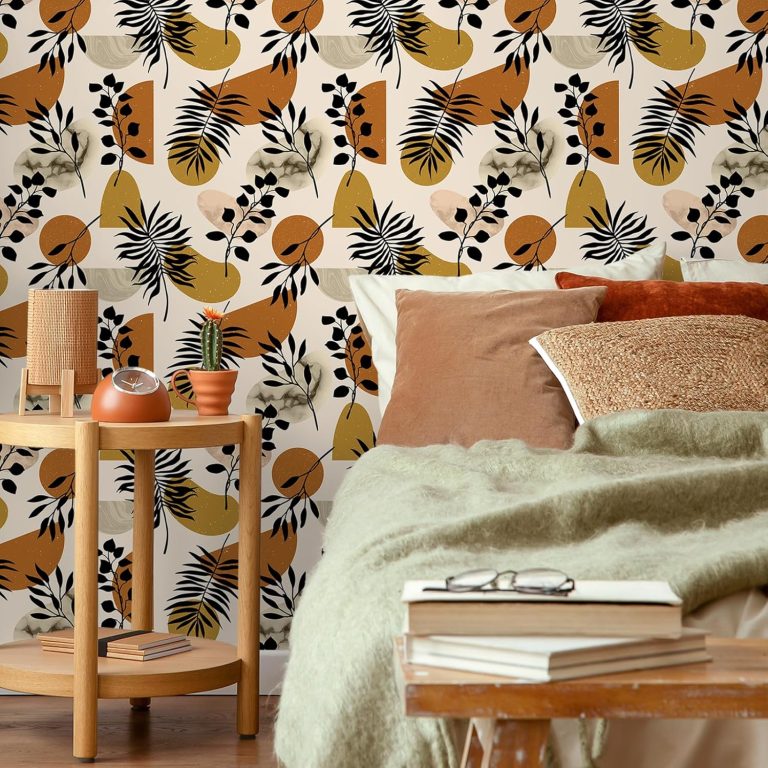 VEELIKE Boho Geometric Wallpaper Peel and Stick Abstract Leaf Wallpaper Murals for Walls Shelves Cabinets 17.7”x118” Removable Mid Century Modern Peel and Stick Wallpaper for Bedroom Bathroom Renter