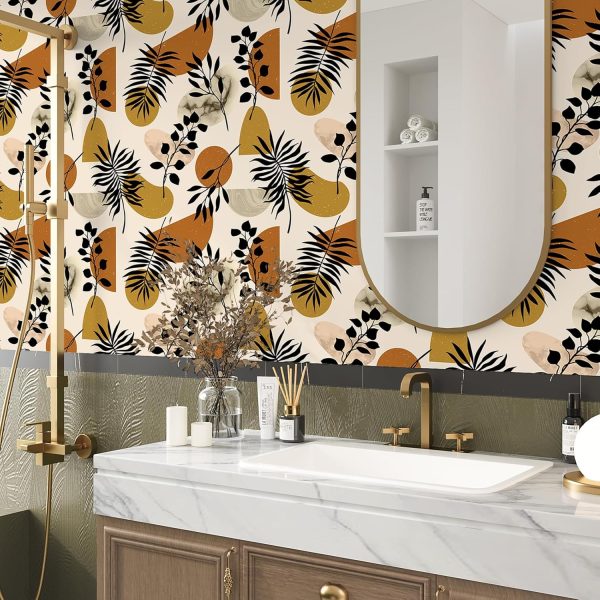 VEELIKE Boho Geometric Wallpaper Peel and Stick Abstract Leaf Wallpaper Murals for Walls Shelves Cabinets 17.7''x118'' Removable Mid Century Modern Peel and Stick Wallpaper for Bedroom Bathroom Renter - Image 3