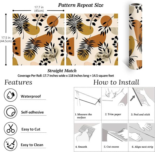 VEELIKE Boho Geometric Wallpaper Peel and Stick Abstract Leaf Wallpaper Murals for Walls Shelves Cabinets 17.7''x118'' Removable Mid Century Modern Peel and Stick Wallpaper for Bedroom Bathroom Renter - Image 8