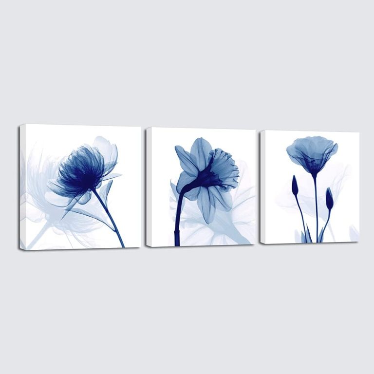 Blue Abstract Flowers 3 Panels Giclee Canvas Prints Wall Art Modern Pictures Artwork for Living Room Bedroom and Home Decorations
