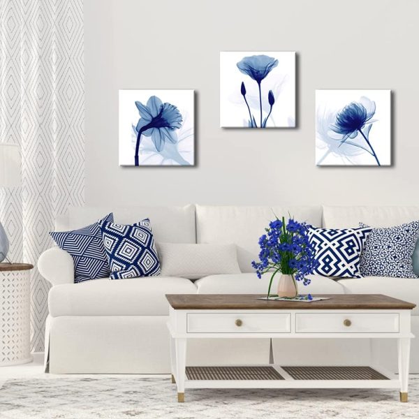 Blue Abstract Flowers 3 Panels Giclee Canvas Prints Wall Art Modern Pictures Artwork for Living Room Bedroom and Home Decorations - Image 3
